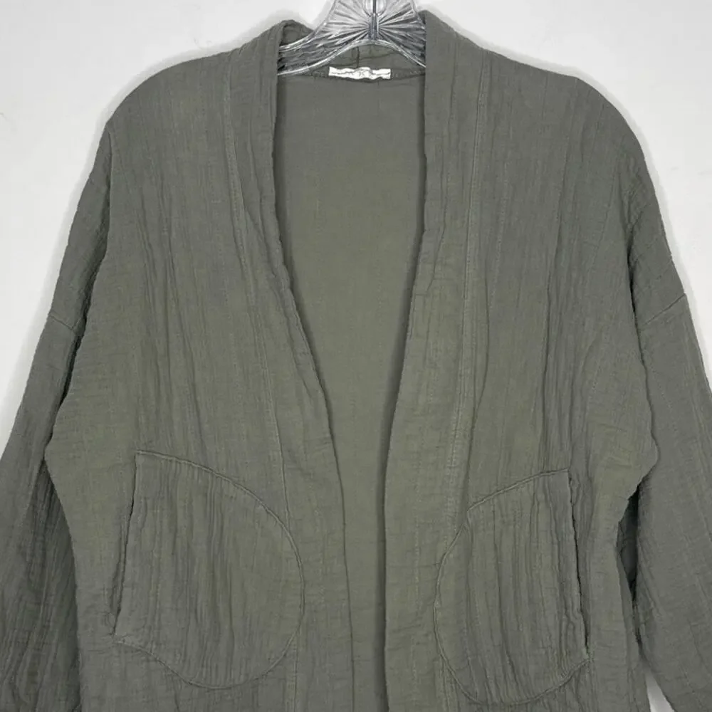 Moonsun Italian Gauze Cotton Olive Open Jacket open front pockets small
